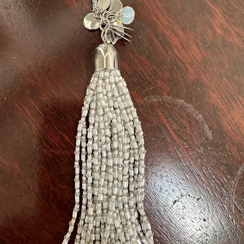 NWOT LOFT long tassel necklace w/ white colored beads, silver tone chain